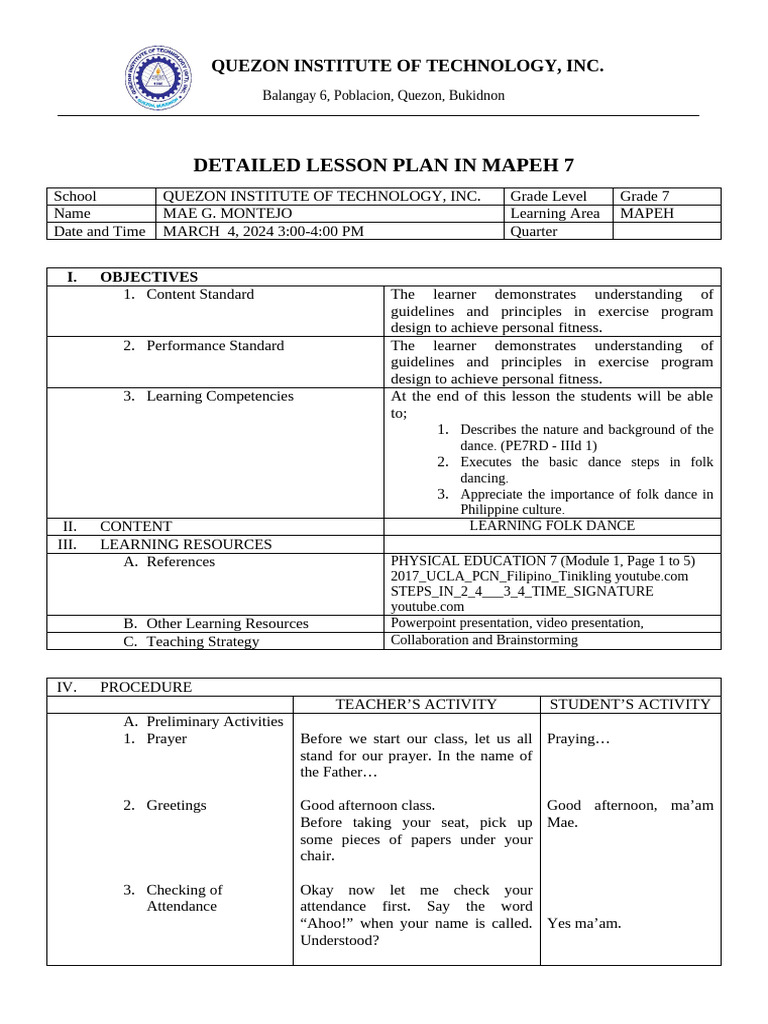 Detailed Lesson Plan In Mapeh 7 Pdf Cognition Learning