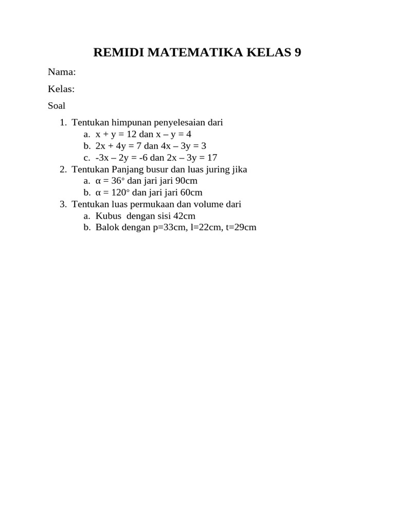 Remidi Matematika Kelas 9: Soal dan Penyelesaian | PDF
