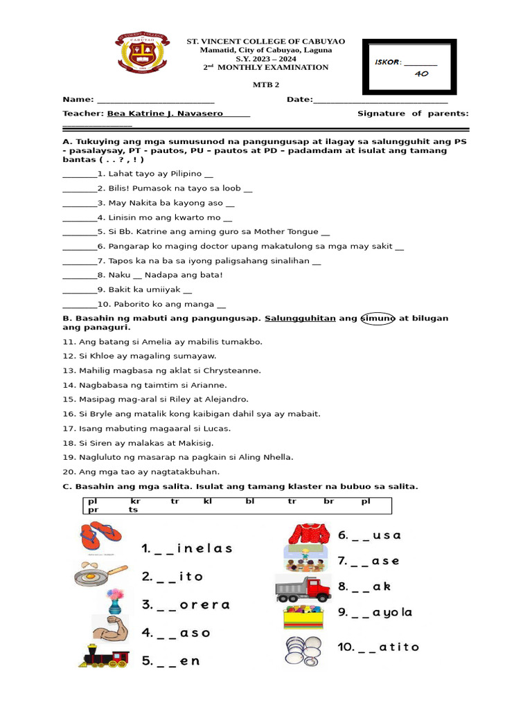 MTB 2 - 1st MONTHLY EXAMINATION | PDF