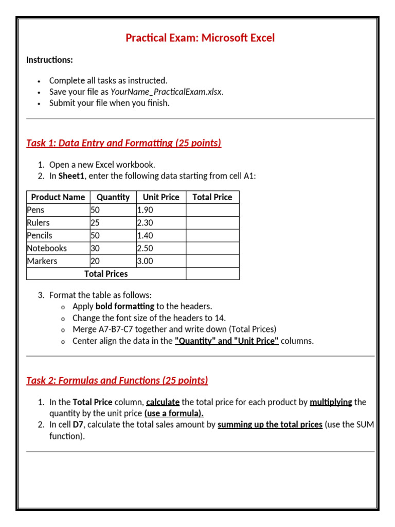 Practical Exam Excel Pdf