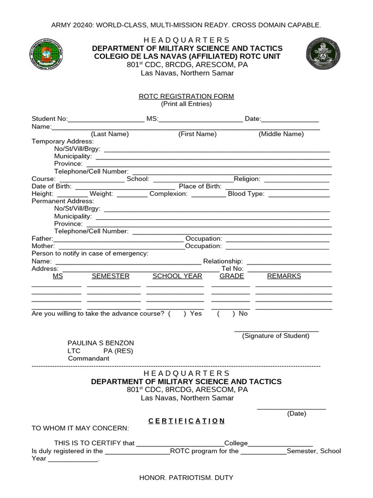 ROTC Enrollment Form | PDF