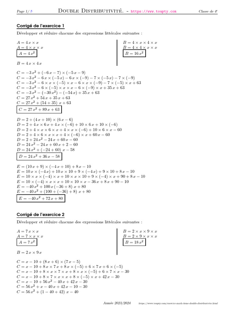 Exercice Double Distributivite 4eme 10 Corrige | PDF