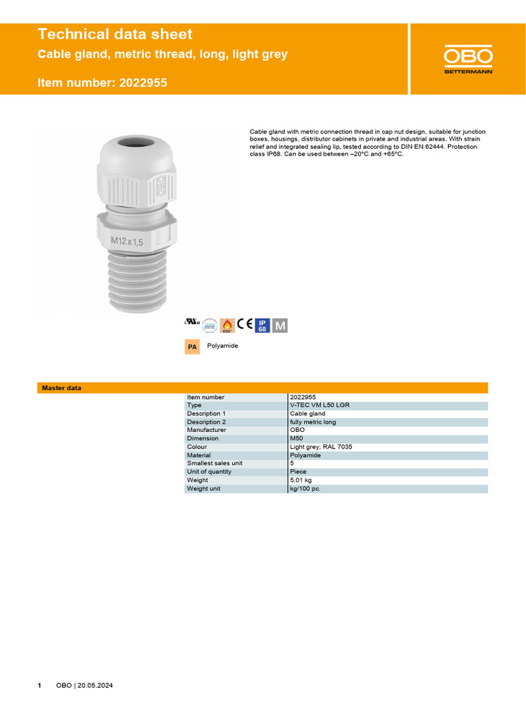 Technical Data Sheet: Cable Gland, Metric Thread, Long, Light Grey Item ...