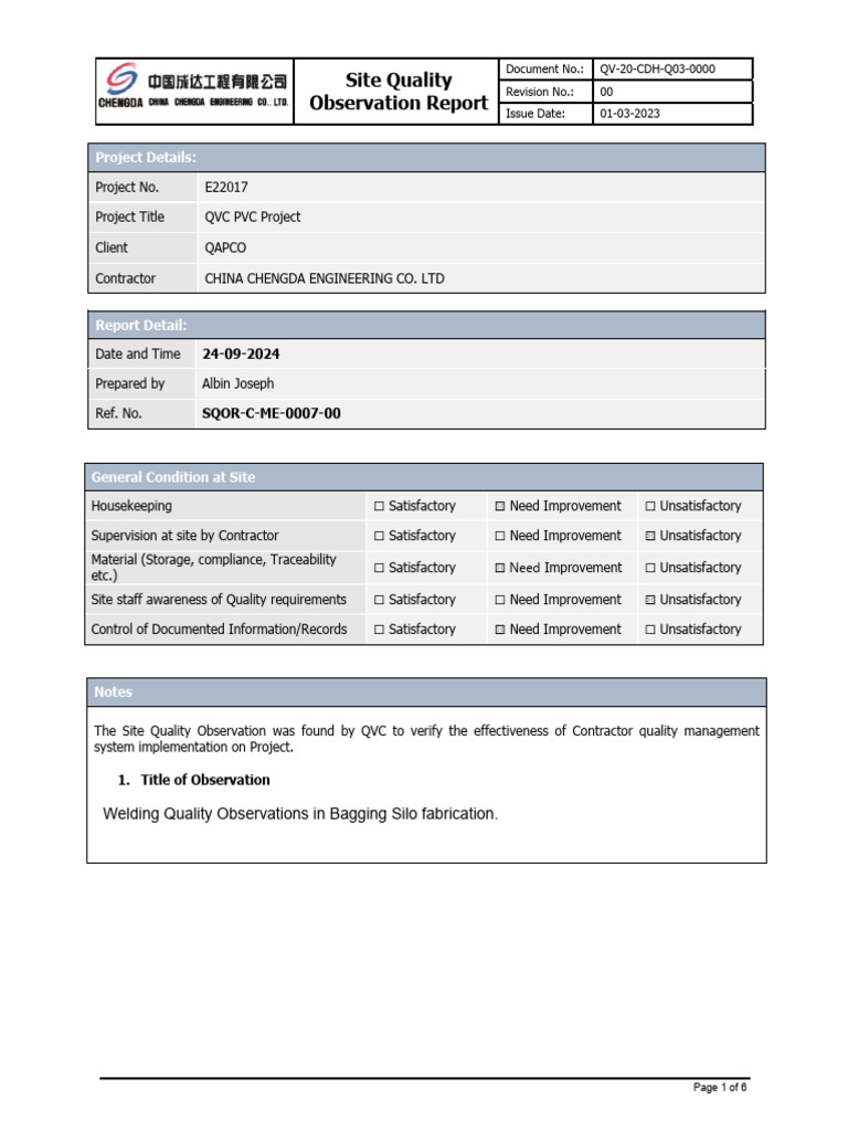 Site Quality Observation Report: Welding Issues | PDF | Welding ...