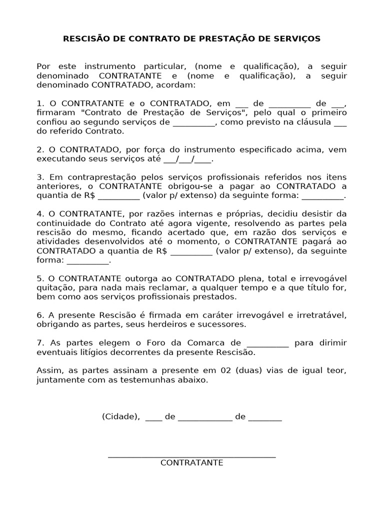 Modelo De Rescisao De Contrato De Prestacao