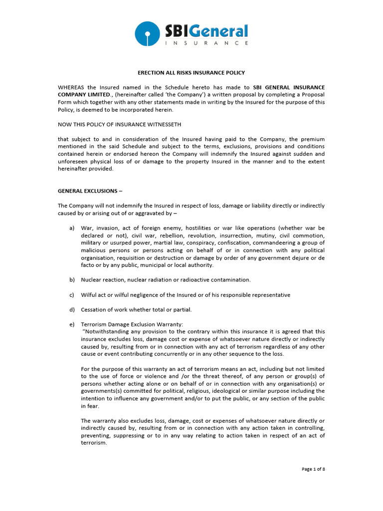 56_Erection All Risks (EAR) Insurance_GEN473 | PDF | Insurance | Indemnity