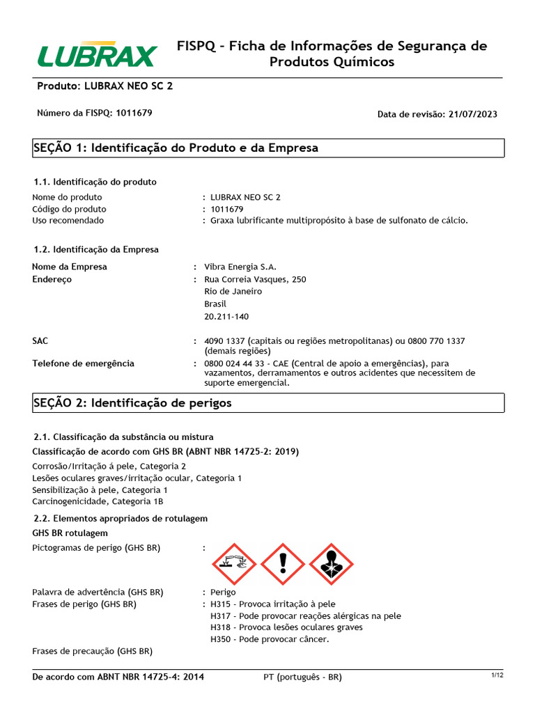 FISPQ LUBRAX NEO SC 2: Segurança Química | PDF | Desperdício | Brasil