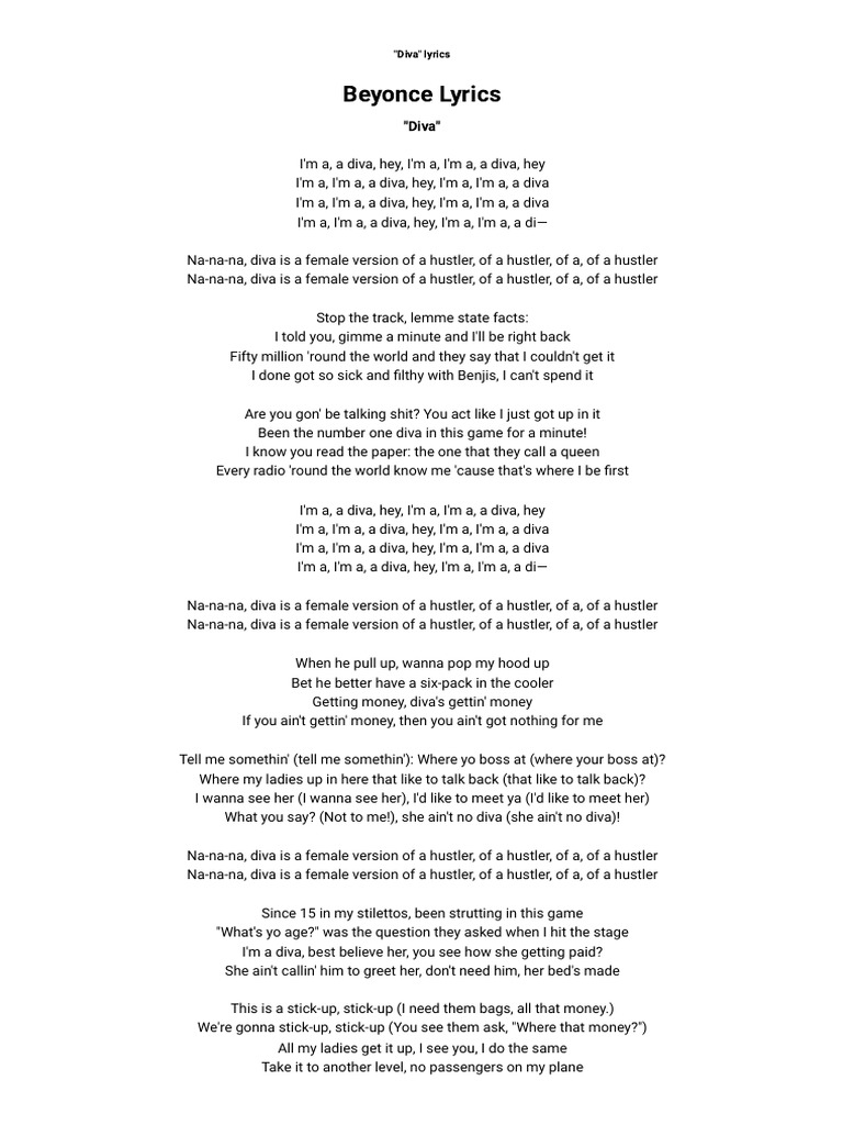 Beyonce - Diva Lyrics | PDF | Sound Recording | Recorded Music