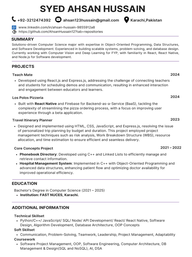 Ahsan Hussain: Computer Science Projects | PDF | Object Oriented ...
