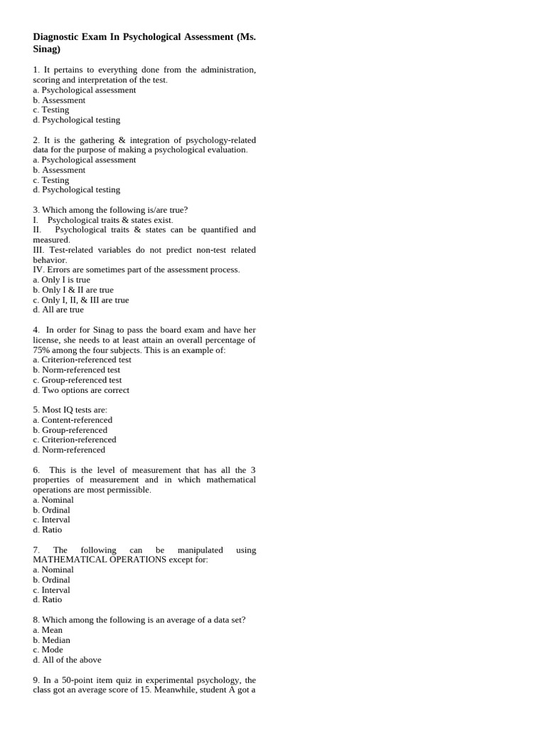 Psychological Assessment Diagnostic Exam | PDF | Level Of Measurement ...