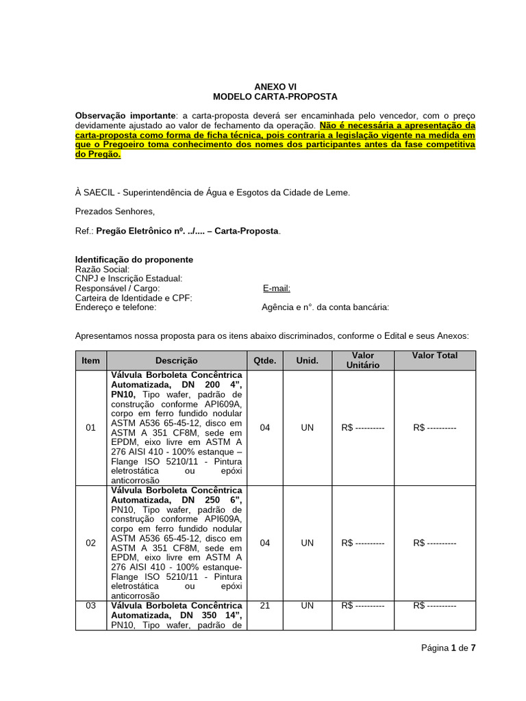 ANEXO VI - MODELO CARTA PROPOSTA | PDF | Eletrônicos | Válvula