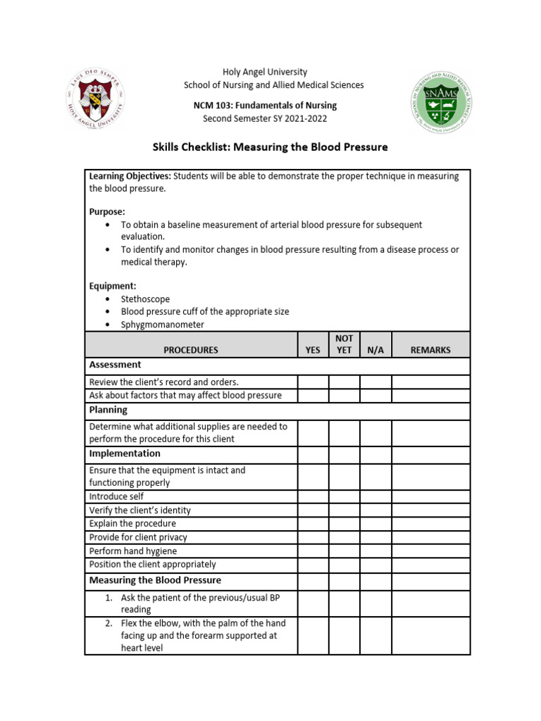 Blood Pressure Measurement Skills Checklist | PDF | Blood Pressure ...