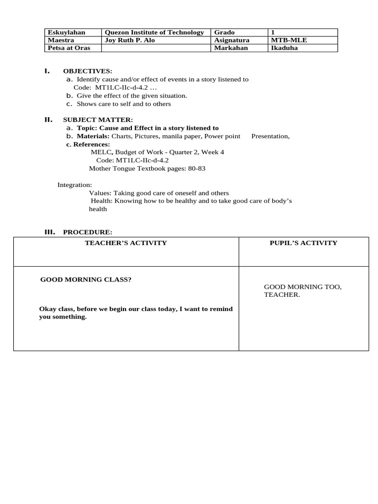 Detailed Lesson Plan For Grade 1 | PDF