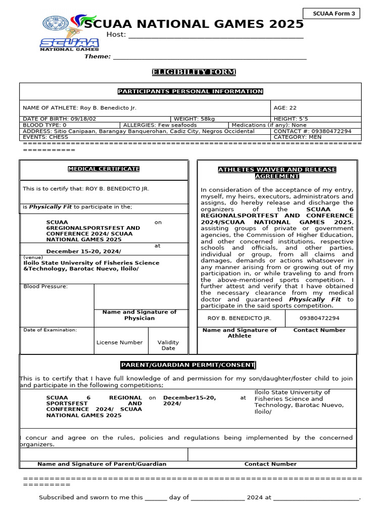 SCUAA 2025 Eligibility Form for Athletes | PDF