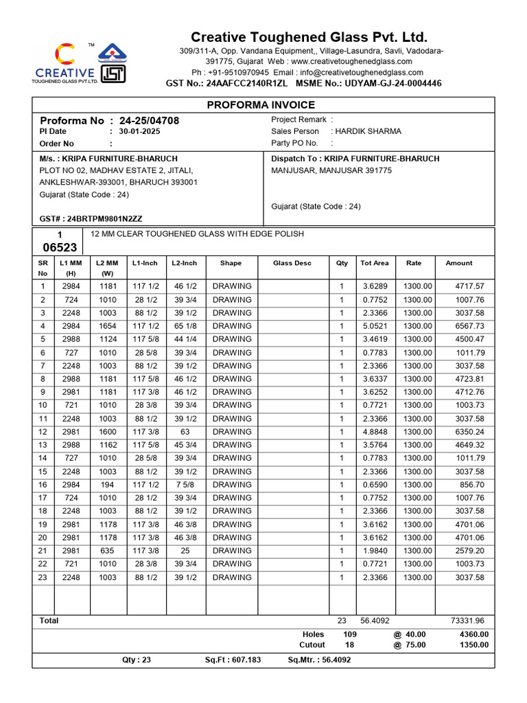 Proforma Invoice for Toughened Glass Order | PDF | Glasses