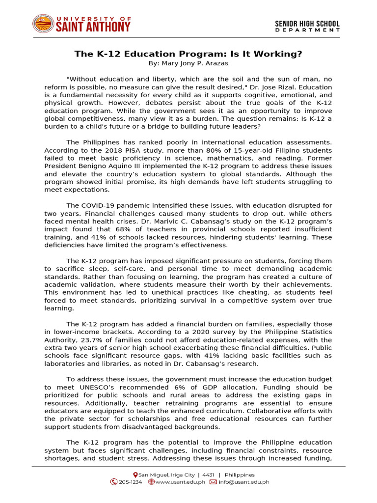 Evaluating the K-12 Education Program | PDF