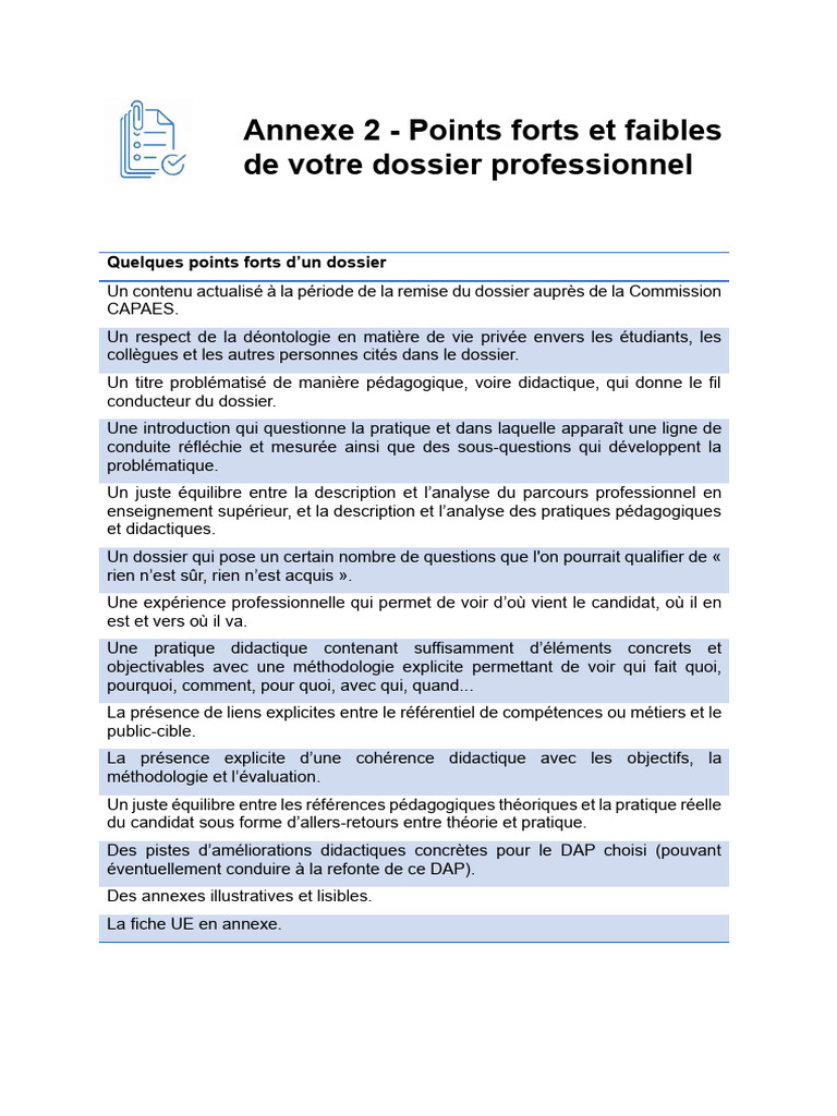 Points forts et faibles d'un dossier professionnel | PDF | Pédagogie ...