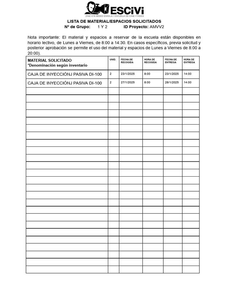 Plantilla Lista de Material - Espacios Solicitados | PDF