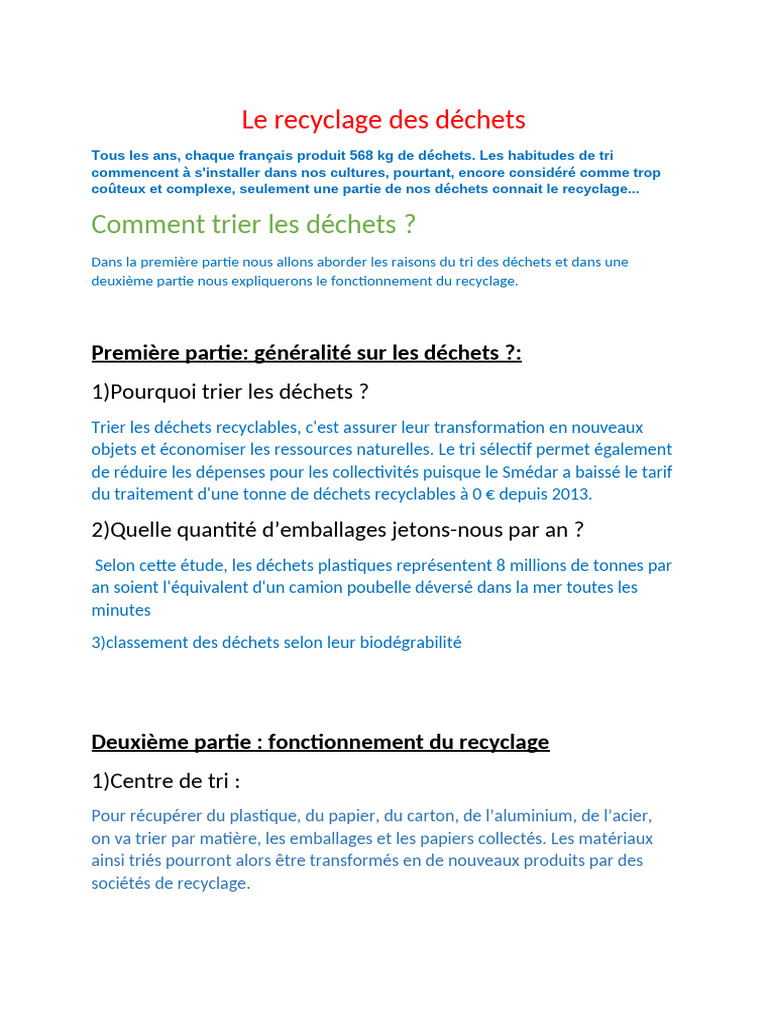 Recyclage des déchets : Guide du tri efficace | PDF
