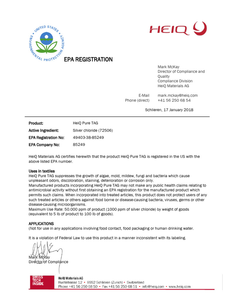 HeiQ Pure TAG EPA Registration Details | PDF