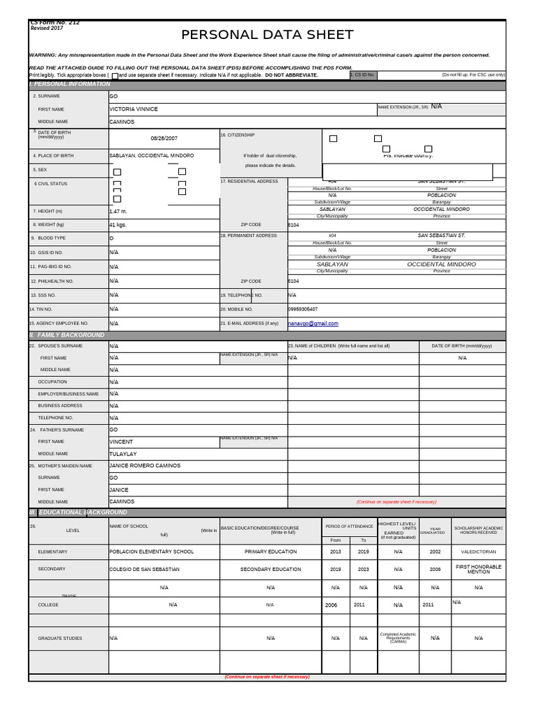 Personal Data Sheet Template | PDF | Government