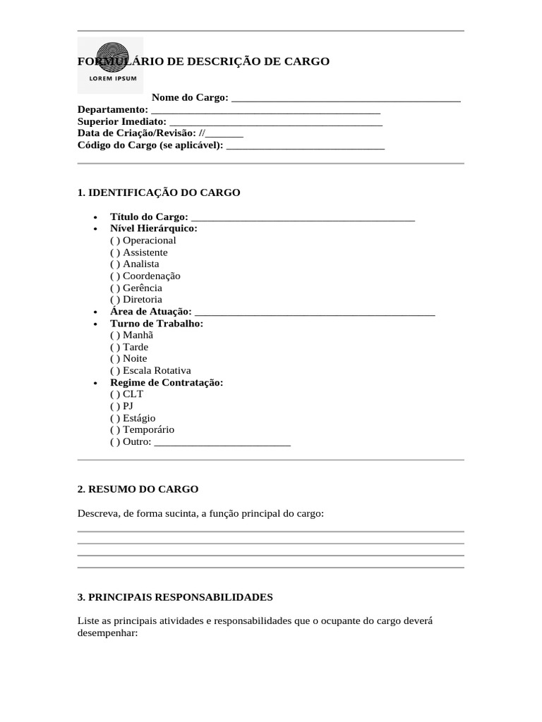 Formulário de Descrição de Cargo | PDF | Pós-graduação | Business