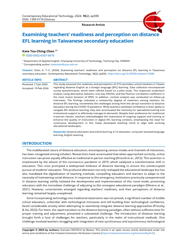 Examining Teachers Readiness and Perception On Distance Efl Learning in ...