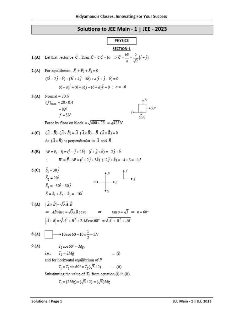 JEE Main 2023 Solutions by Vidyamandir | PDF | Mole (Unit) | Force