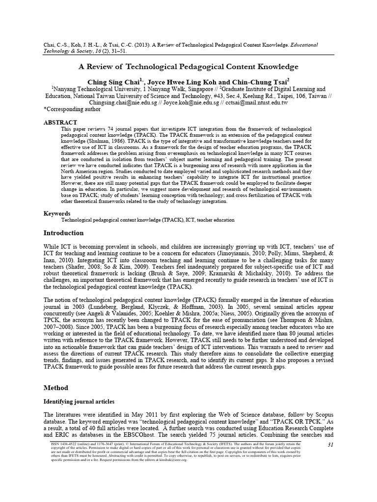 Review of Technological Pedagogical Content Knowledge | PDF ...