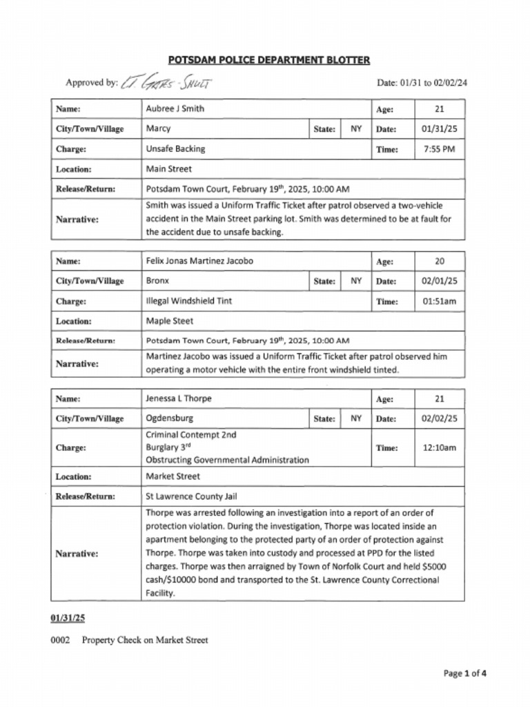 Potsdam Village Police Dept. blotter Feb. 2, 2025 PDF