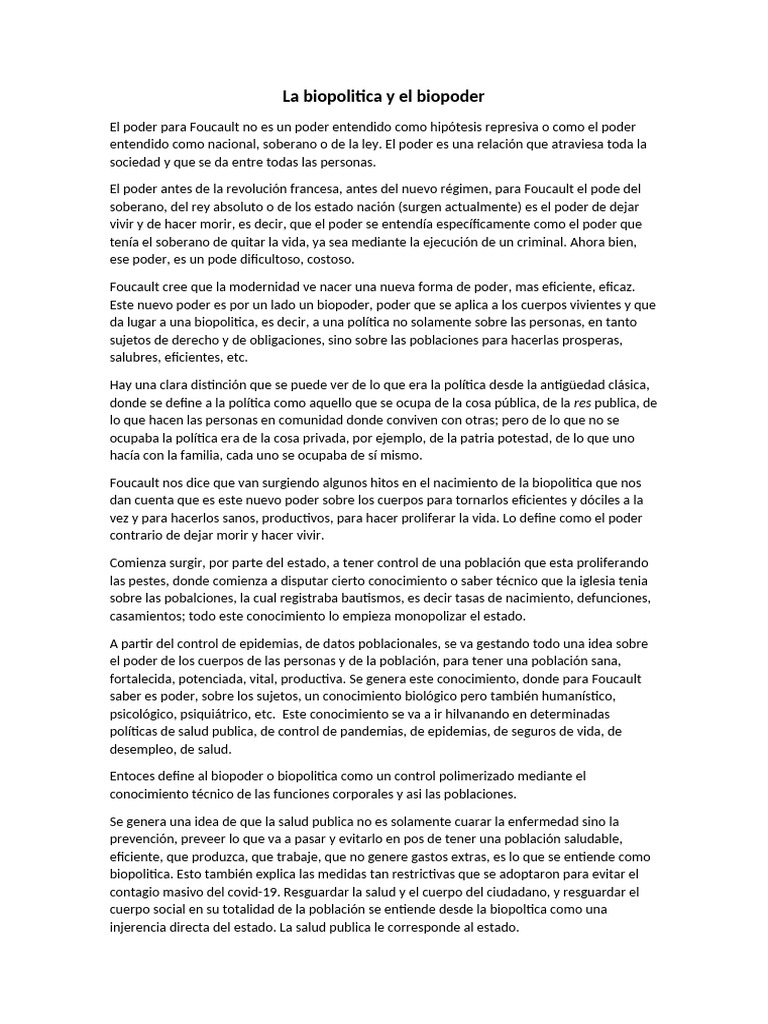 Biopoder y biopolítica según Foucault | PDF | Michel Foucault | Estado ...