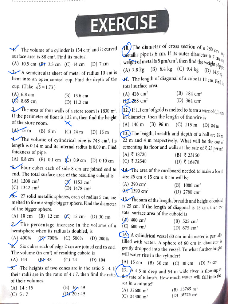 Surface Area and Volume MCQs for Class 9 | PDF | Sphere | Area