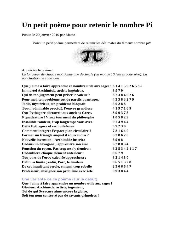Poème pour mémoriser le nombre Pi | PDF