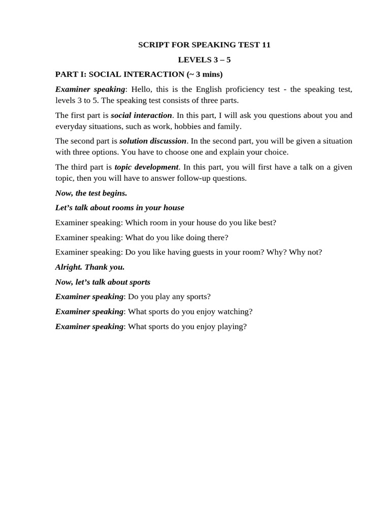 English Speaking Test Scripts Levels 3-5 | PDF | Teachers | English ...