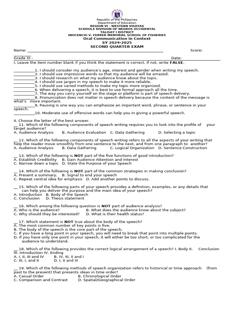 Oral Communication Exam Guide 2024 | PDF | Speech | Jargon