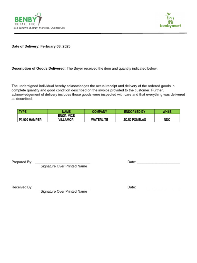 Delivery Acknowledgment for Waterlite Hamper | PDF