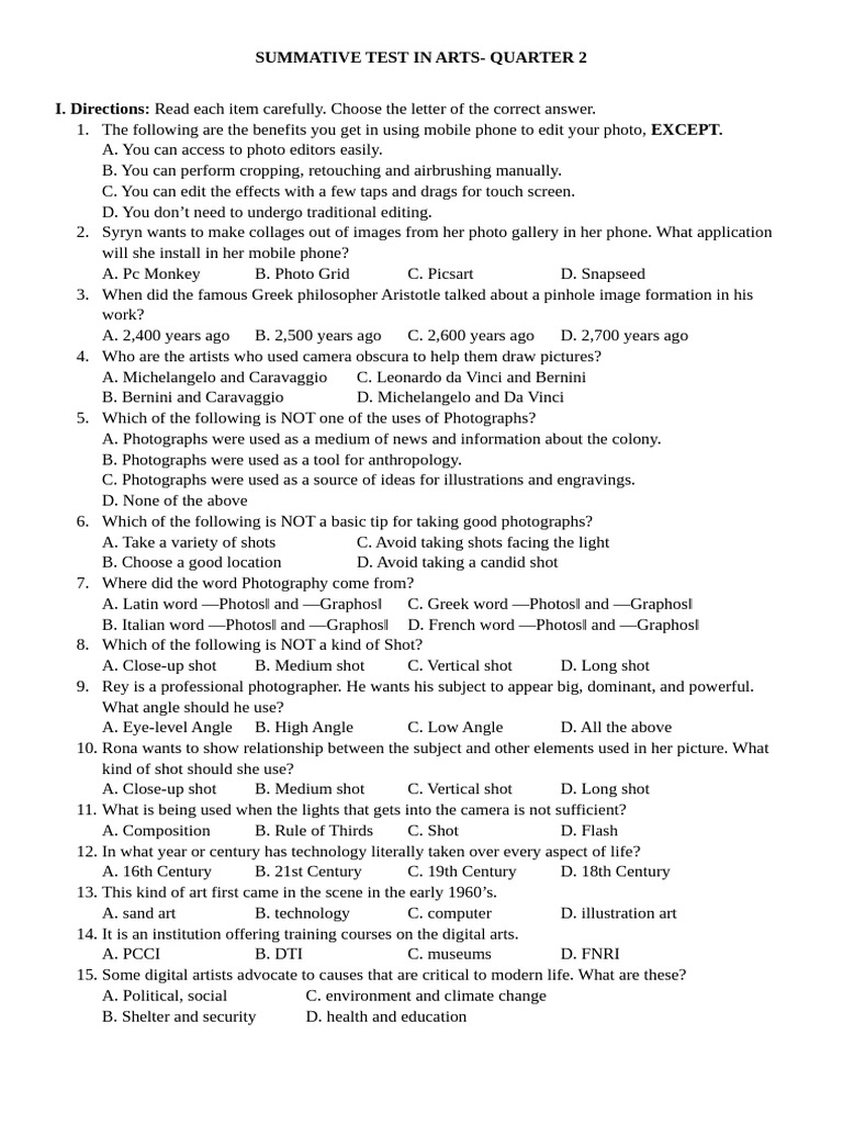 Summative Test in Arts Q2 | PDF | Digital Photography | Digital Camera