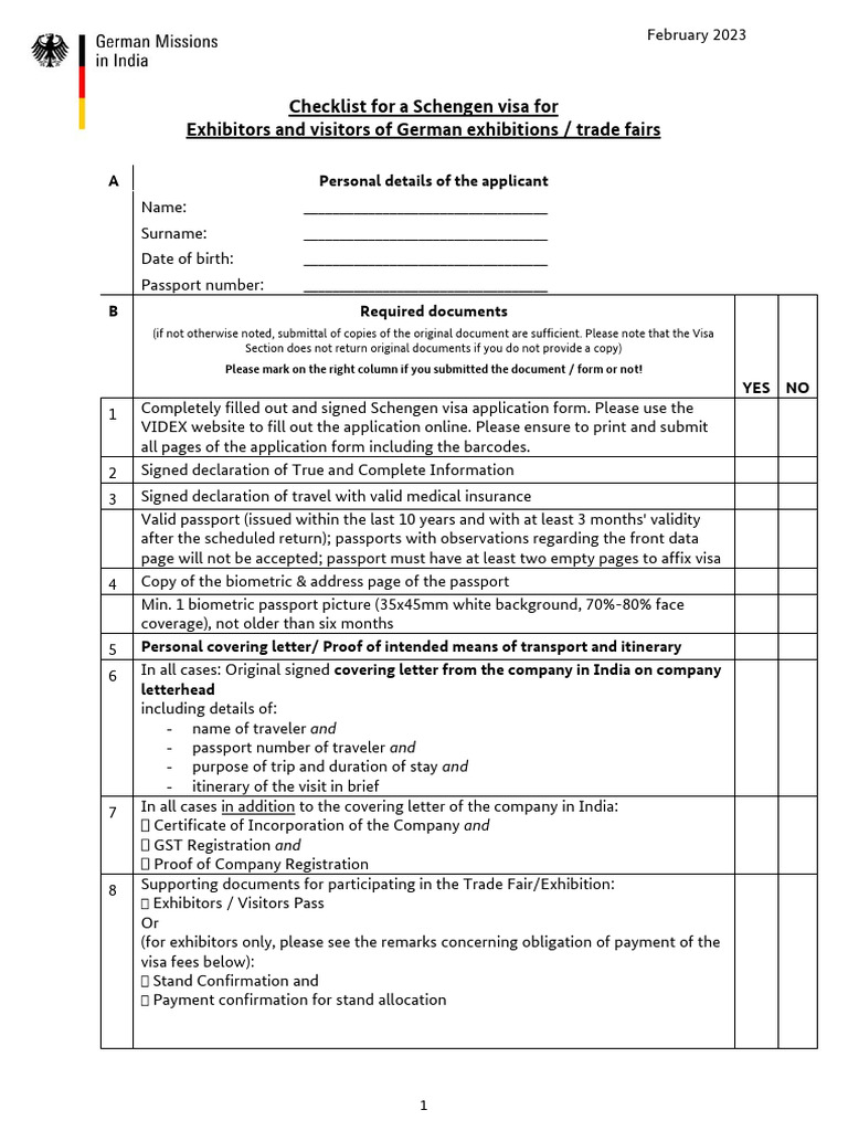 Schengen Visa Checklist for German Exhibitors | PDF | Travel Visa ...
