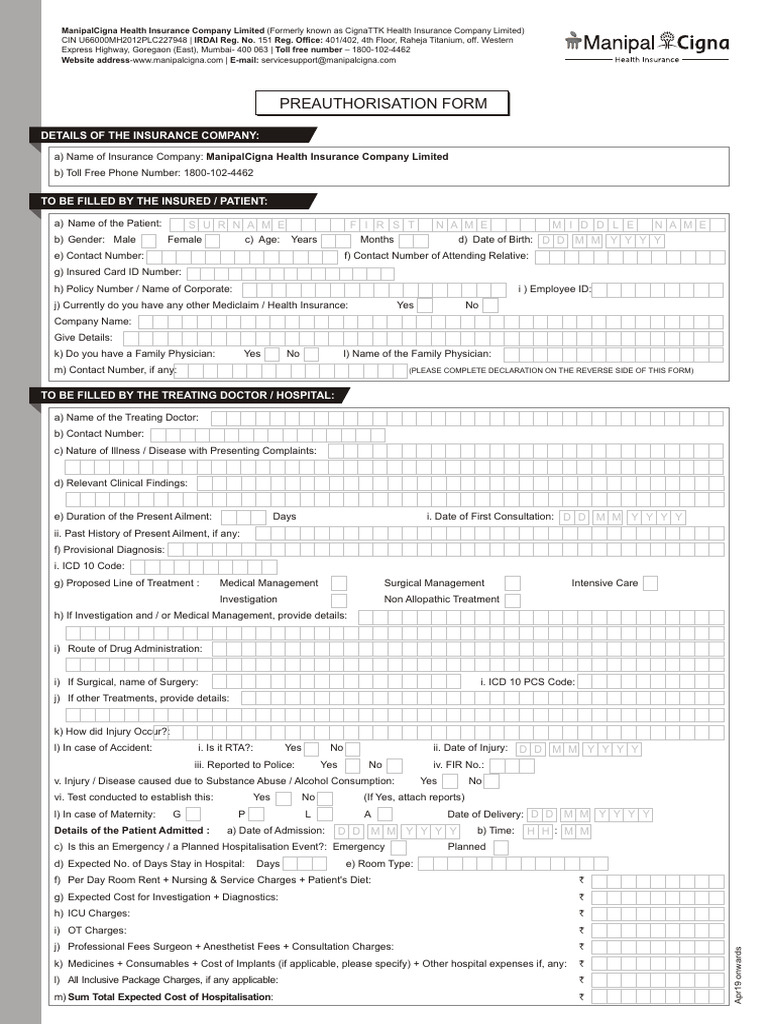 Manipal Cigna Preauthorization Form | PDF | Medicine | Hospital