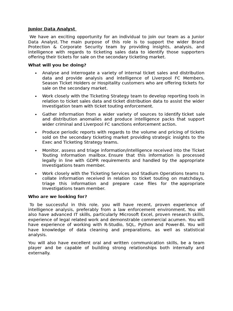 Junior Data Analyst Role Overview | PDF | Information | Intelligence ...