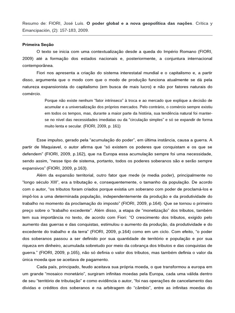 Geopolítica e Poder Global: Análise de Fiori | PDF | Dinheiro | Capitalismo