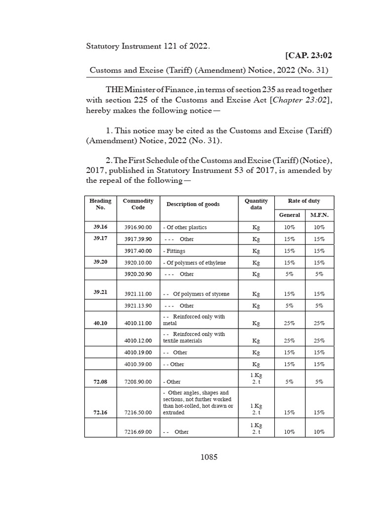 Customs Tariff Amendment Notice 2022 | PDF | Pipe (Fluid Conveyance) | Pump