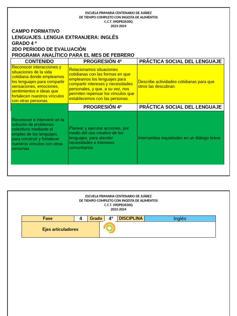 Programa de Inglés 4º Grado 2023-2024 | PDF | Aprendizaje | Educación ...