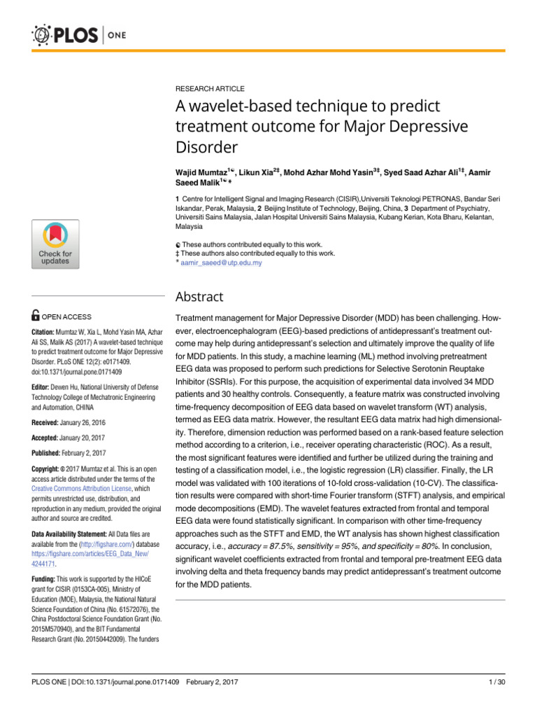 MDD Prediction-PLOS One | PDF | Major Depressive Disorder | Wavelet