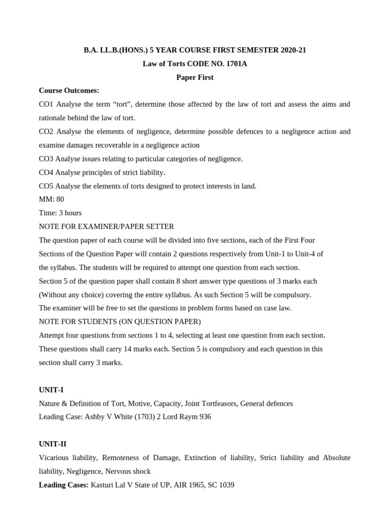 Law of Torts Course Overview 2020-21 | PDF | Tort | Legal Liability