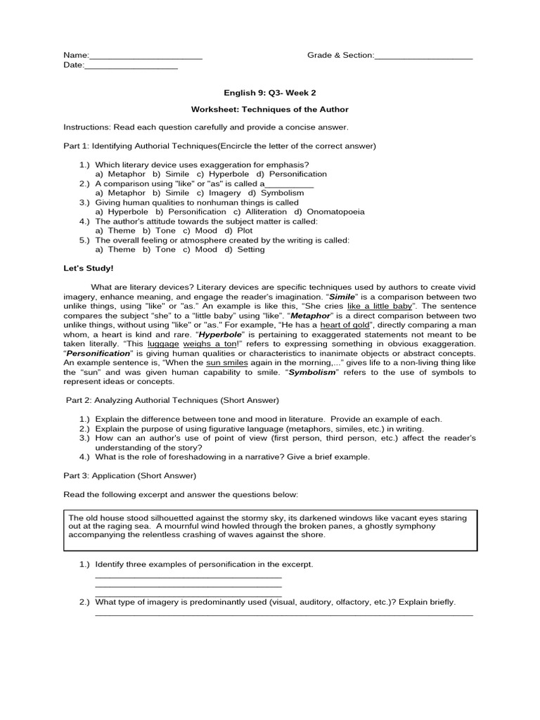 Techniques Worksheet G9English | PDF | Narration | Metaphor