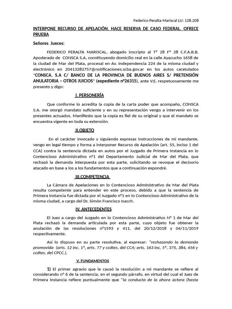 Recurso de Apelación de CONSCA S.A. | PDF | Apelación | Inflación
