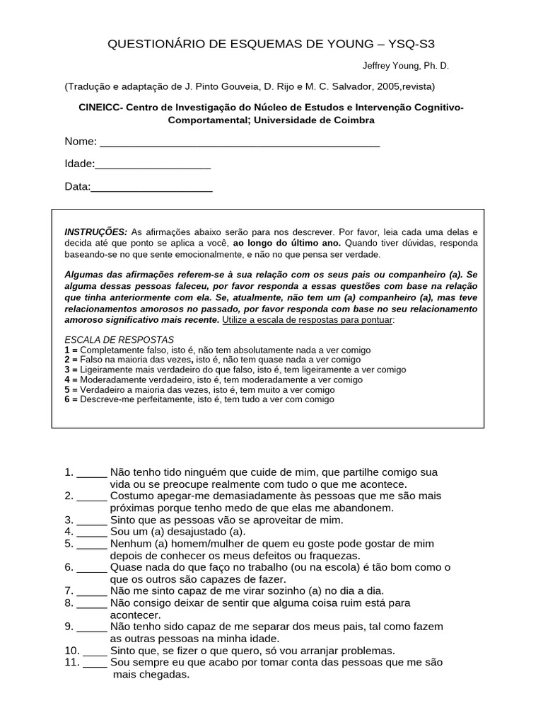 Questionário de Esquemas de Young | PDF | Amor | Ciências comportamentais