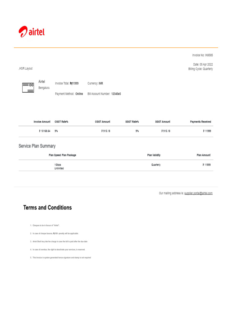 Airtel Quarterly Invoice Summary | PDF