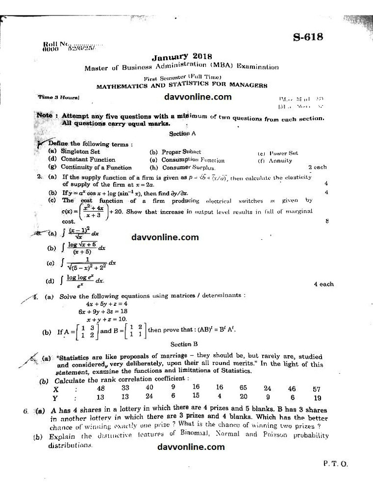Mba 1 Sem Mathematics and Statistics For Managers Dec 2017 | PDF